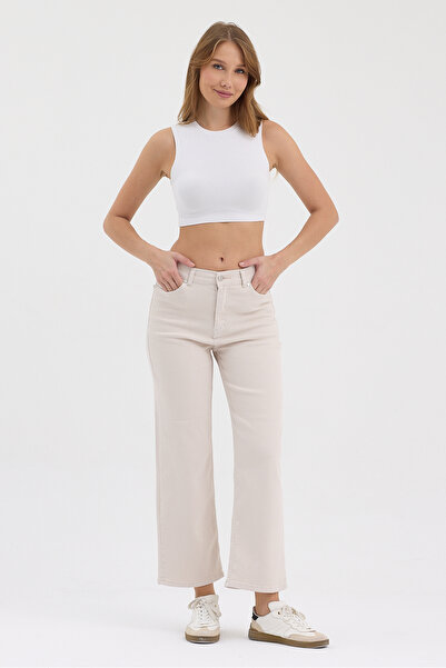 hateko Women's Hakan Jeans Flexible Wide Leg Ecru High Waist Denim Trousers