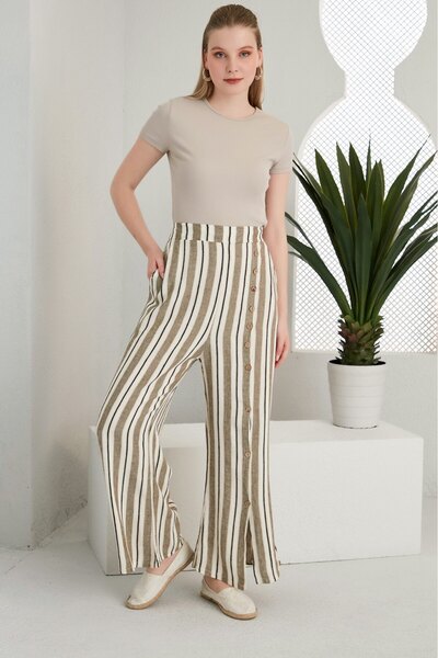 Alışveriş Sokağı Buttoned Design Pocketed Linen Trousers Khaki Color