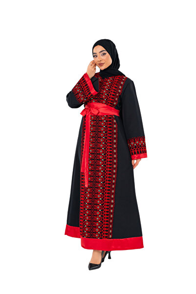 Zaytoon Women's Dress – Black Palestinian Embroidered Women's Dress with Satin Belt