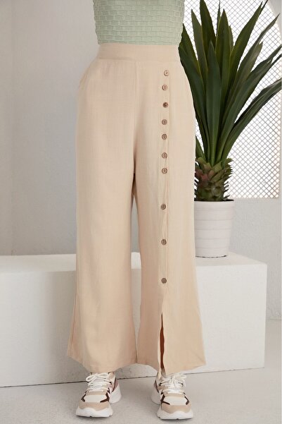 Alışveriş Sokağı Buttoned Design Pocketed Linen Trousers Khaki Color