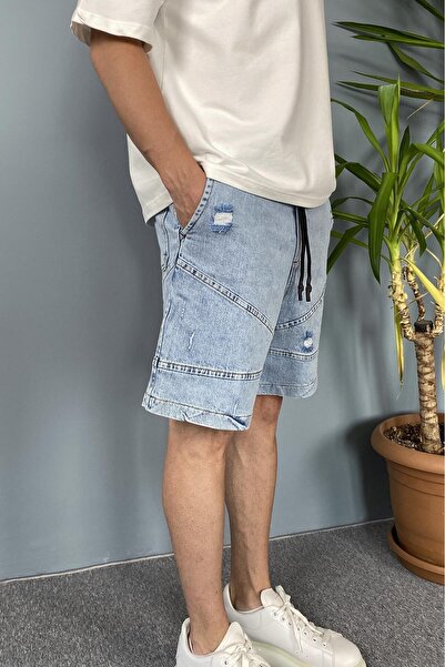 Alışveriş Sokağı Blue Denim Shorts with Elastic Waist and Laces