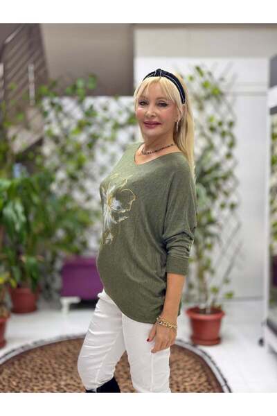 Punta Otantik YG3003 Λουλούδι με τύπωμα Ιταλική Πλεκτομηχανή Μπλούζα Χακί