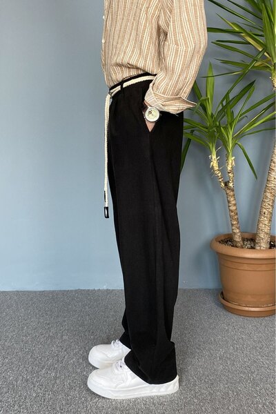 Alışveriş Sokağı Relaxed Fit Linen Fabric Lace-Up Cream Color Baggy Pants