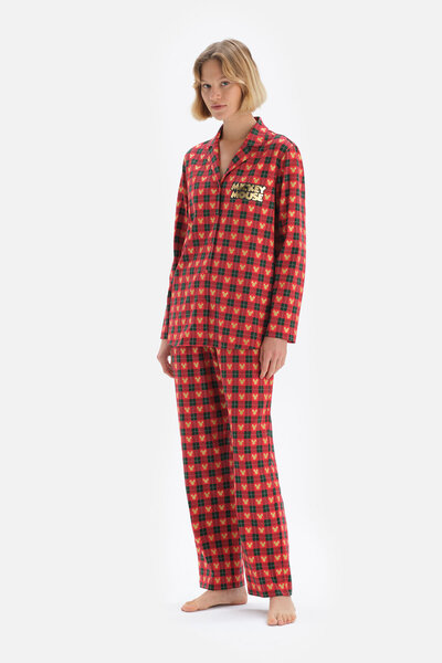Dagi Red Shirt Collar Minnie Mouse Printed Licensed Cotton Pajamas Set