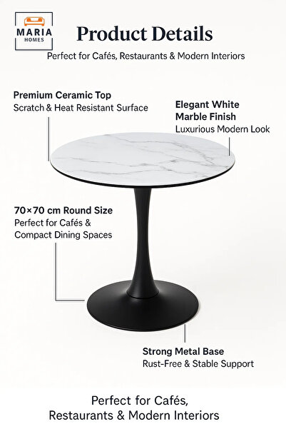MARIA HOMES Round White Marble Dining Table – Modern Café, Restaurant, Office & Home Metal Furniture 70×70
