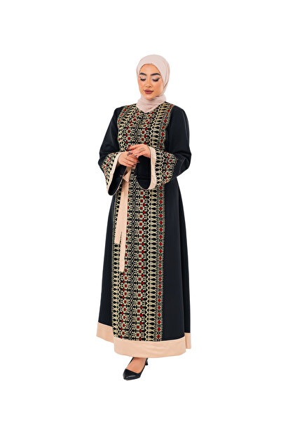 Zaytoon Women's Dress – Black Palestinian Embroidered Women's Dress with Satin Belt