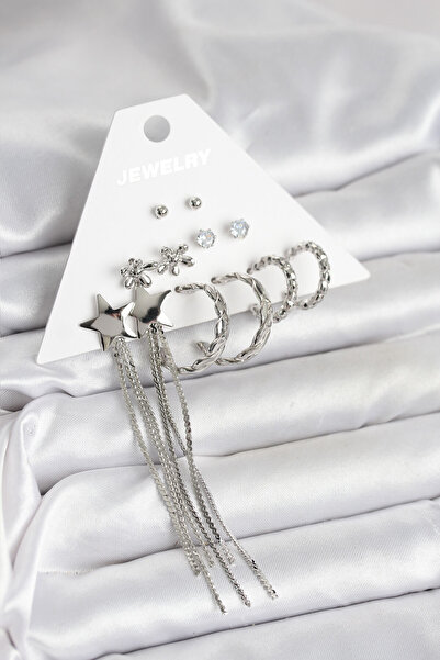 STİLLOVE Silver Color Brass 6 Pairs Women's Earrings Set