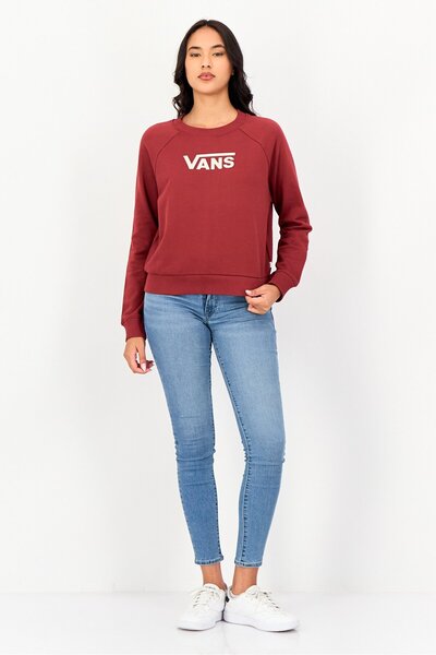 Vans Women Ribbed Neck Long Sleeve Brand Logo Sweatshirt, Maroon