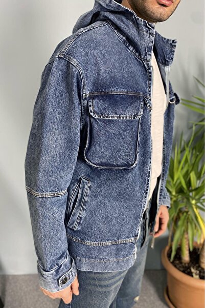 Alışveriş Sokağı Hooded Cargo Pocket Piece Gray Denim Jacket
