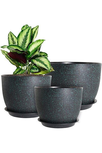 genernic Plastic plant pots 20/23/25 cm with drainage holes and saucers, black with green speckles, by Waoswe