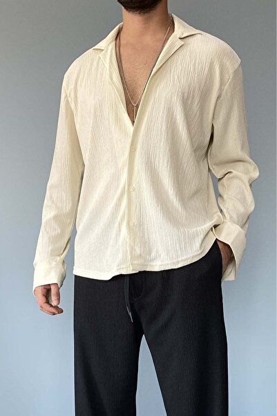 Alışveriş Sokağı Apaç Collar Long Sleeve Wrinkled Textured Oversize Beige Shirt