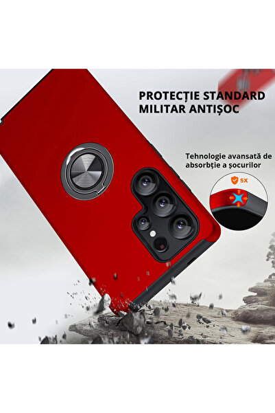 MobileSmart Case for Samsung Galaxy S25 ULTRA, Military Protection, Metal Ring Kickstand 360°, Shockproof, Red