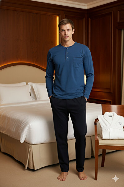 KLY 100% Cotton New Season Midi Collar Men's Stylish Design Pajama Set