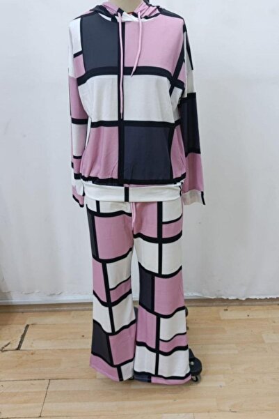 Mossta Hooded Patterned Two Thread Blouse Pants Double Suit - Pink