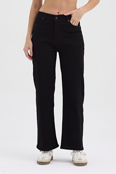 hateko Women's Hakan Jeans Flexible Stretch Fabric Wide Leg Black High Waist Denim Trousers