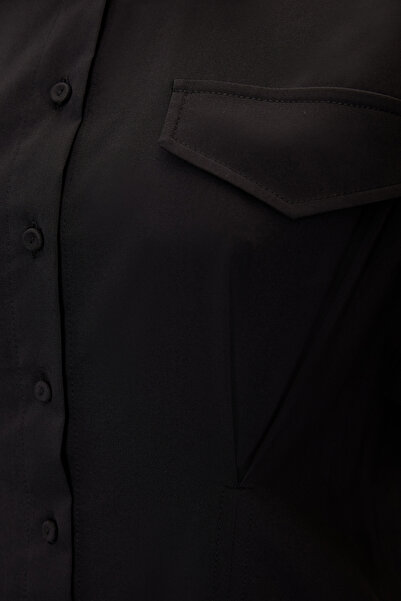 Exquise Shirt Collar Long Sleeve Black Slim Fit Midi Dress