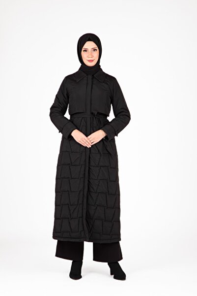 Beyza معطف أسود مبطن بحزام 9526