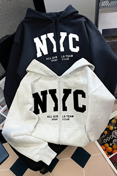 MODAGEN Unisex Mevsimlik 2'li Paket Gri ve Lacivert Renk NYC Baskılı Fermuarlı Kapüşonlu Hırka