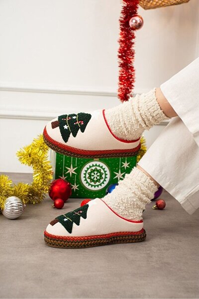 STOCON Noelia Beige Christmas Tree Embossed Embroidered Silent Sole Christmas Gift Slippers House Slippers Stc1189
