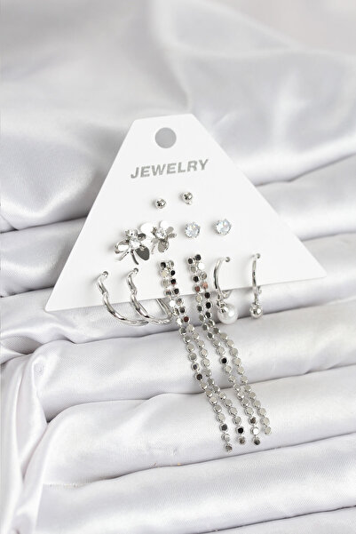 STİLLOVE Brass Silver Color 6 Pairs Women Earrings