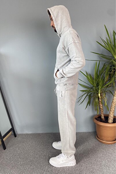 Alışveriş Sokağı Hooded Anthracite Double Tracksuit with Kangaroo Pocket
