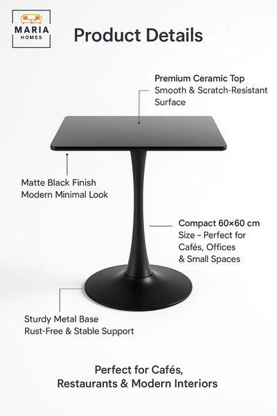 MARIA HOMES Rectangular Black Dining Table – Modern Café, Restaurant, Office & Home Metal Furniture 60×60 cm
