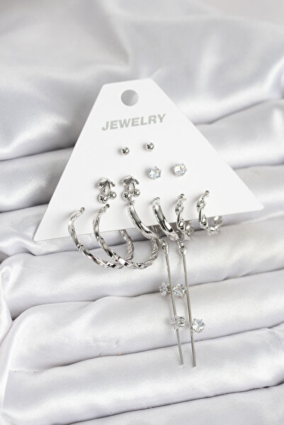 STİLLOVE Silver Color Brass 6 Piece Women's Earring Set