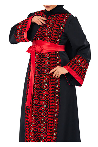 Zaytoon Women's Dress – Black Palestinian Embroidered Women's Dress with Satin Belt