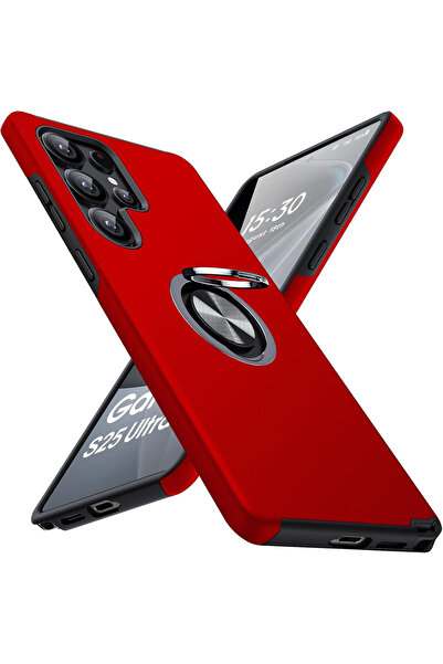 MobileSmart Case for Samsung Galaxy S25 ULTRA, Military Protection, Metal Ring Kickstand 360°, Shockproof, Red