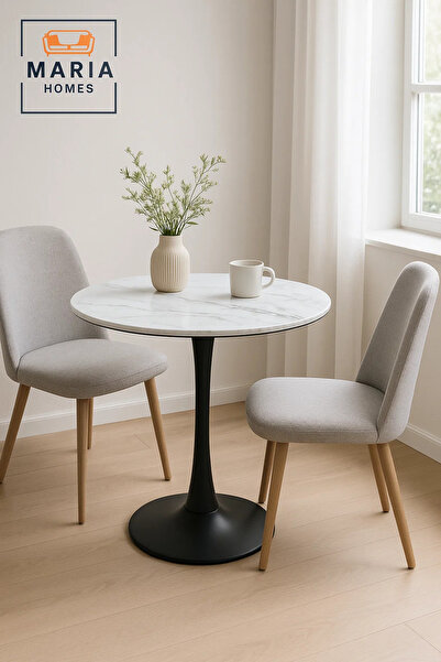 MARIA HOMES Round White Marble Dining Table – Modern Café, Restaurant, Office & Home Metal Furniture 70×70