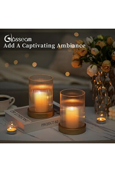 Glasseam Hurricane Glass Candle Holders, Set of 2 — Gold Ribbed Cylindrical Glass with Metal Plate