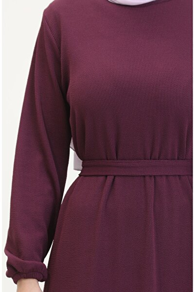 sefamerve Burgu Kumaş Corded Fabric Ruffled Dress 2169-04 Plum