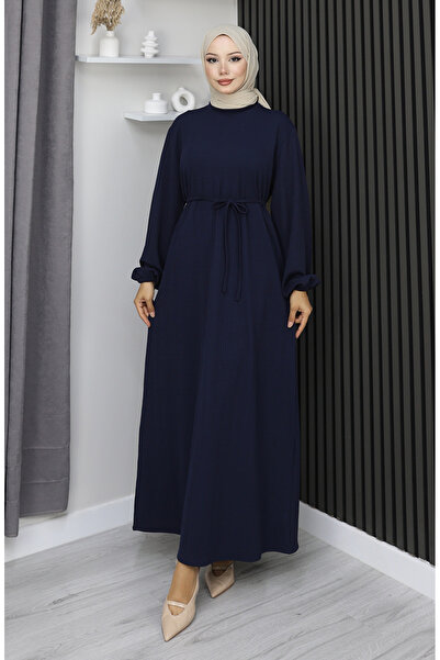 sefamerve Burgu Fabric Sleeve Elasticated Hijab Dress 2170-04 Navy Blue