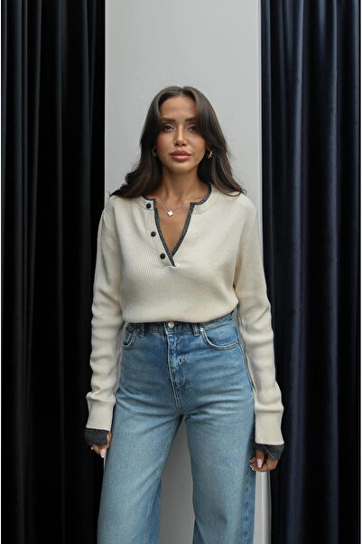 My Blog Vanilla-Anthracite Patchwork Two-Tone Sweater - 251074