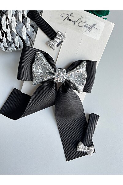 TrendCraft Siyah Kurdele Glitter Fiyonklu 3’lü Özel Tasarım Klipsli Toka Seti
