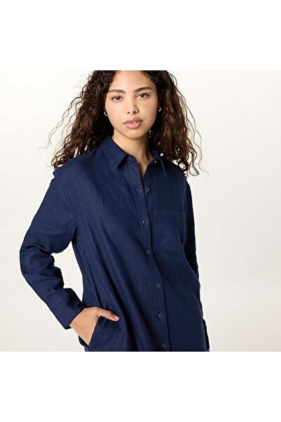 The Drop Long linen shirt dress, with loose buttons and long sleeves, blue, size 2XX,