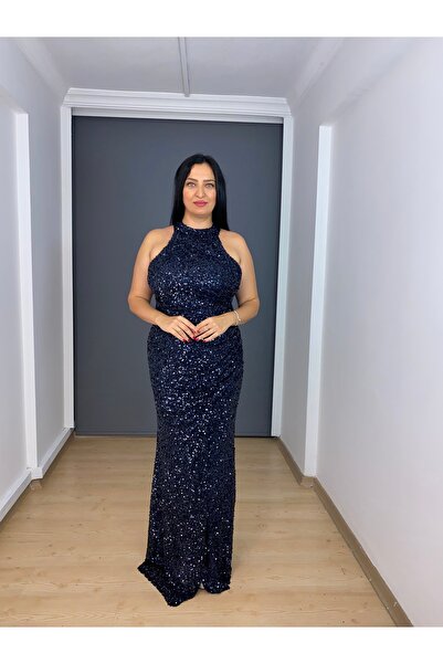 gökkuşagı moda Lacivert Payet Dik Yaka Ön Drapeli Uzun Abiye Elbise