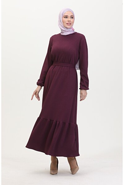 sefamerve Burgu Kumaş Corded Fabric Ruffled Dress 2169-04 Plum