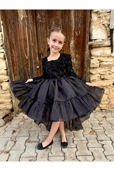 lunavella Kız Çocuk Beyaz Abiye – Uzun Kollu – Önü Kısa Arkası Uzun – 3D Çiçe...