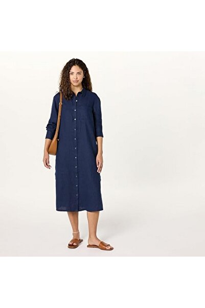 The Drop Long linen shirt dress, with loose buttons and long sleeves, blue, size 2XX,