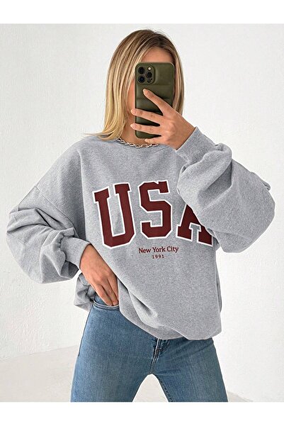 Miyalon Γυναικείο φούτερ με λαιμόκοψη oversized USA με τύπωμα
