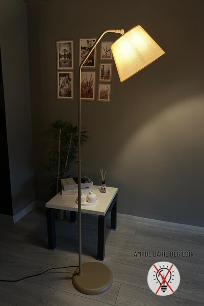 Bamyum Cotella Kumaş Dokulu Kum Bej Lambader Hareketli Başlık Modern Dekoratif Metal Zemin Lambası