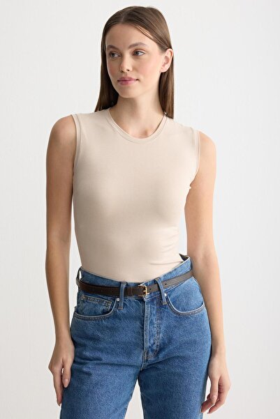 ipekton studio Crew Neck Zero Sleeve Combed Cotton Body Beige