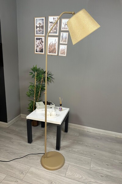 Bamyum Cotella Kumaş Dokulu Kum Bej Lambader Hareketli Başlık Modern Dekoratif Metal Zemin Lambası