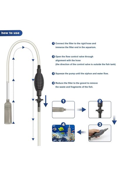 zola Aquarium vacuum cleaner with manual pump and valve, adjustable valve, length 1.7 m, transparent