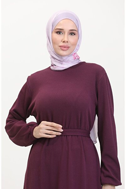 sefamerve Burgu Kumaş Corded Fabric Ruffled Dress 2169-04 Plum