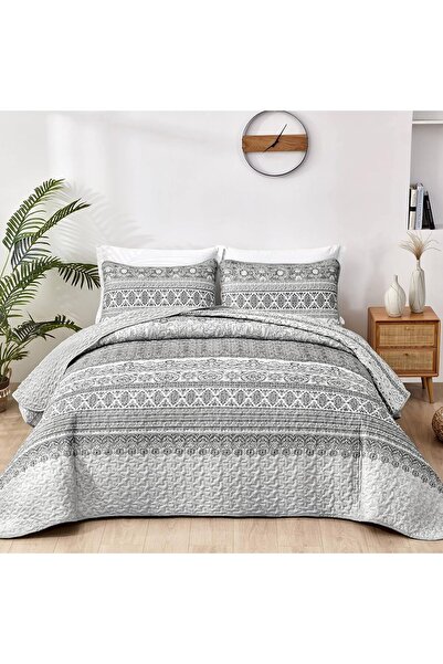 WONGS BEDDING Boho King Quilt Set - Gray, Lightweight Microfiber, 3-piece (10...