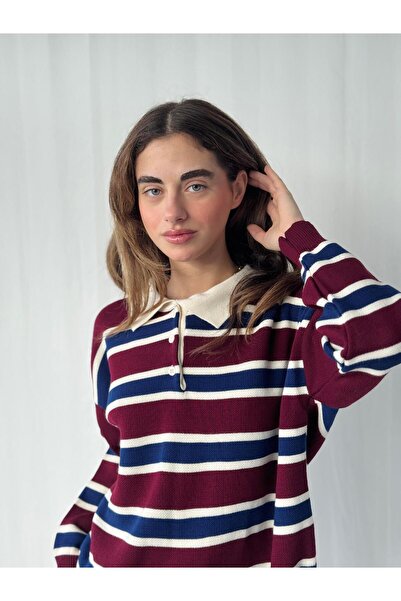Retrobird Polo Neck Striped Knitwear Sweater Women Burgundy