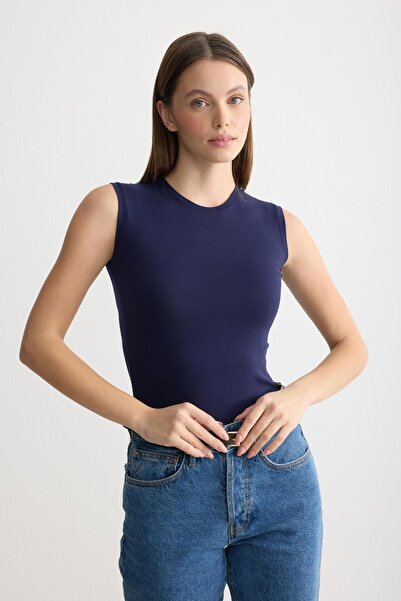 ipekton studio Crew Neck Zero Sleeve Combed Cotton Body Navy Blue