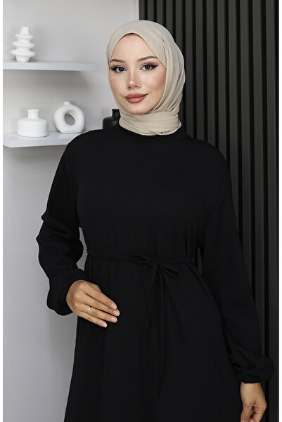 sefamerve Twisted Fabric Sleeve Elasticated Hijab Dress 2170-01 Black
